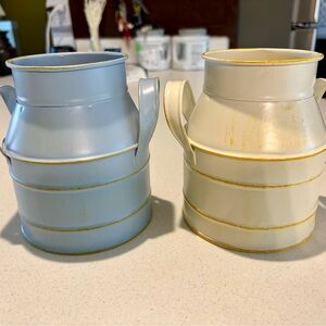 Set of Two Farmhouse Style Metal Flower Pots in Blue and Cream